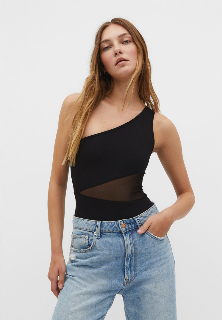 

Stradivarius Asymmetrischer Body mit Transparenzen Schwarz XS