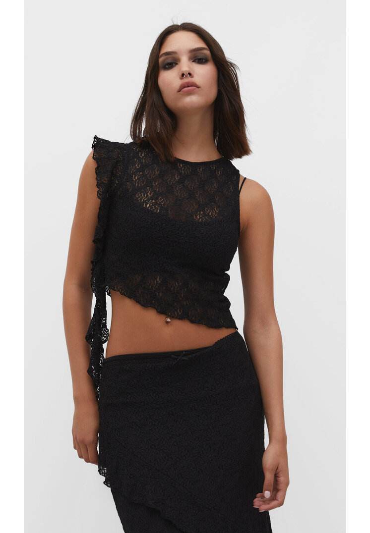 

Stradivarius Asymmetrisches Top mit Spitze und Volants Schwarz XS