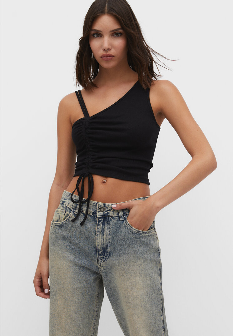 

Stradivarius Shirt mit doppelter seitlicher Raffung Schwarz XS