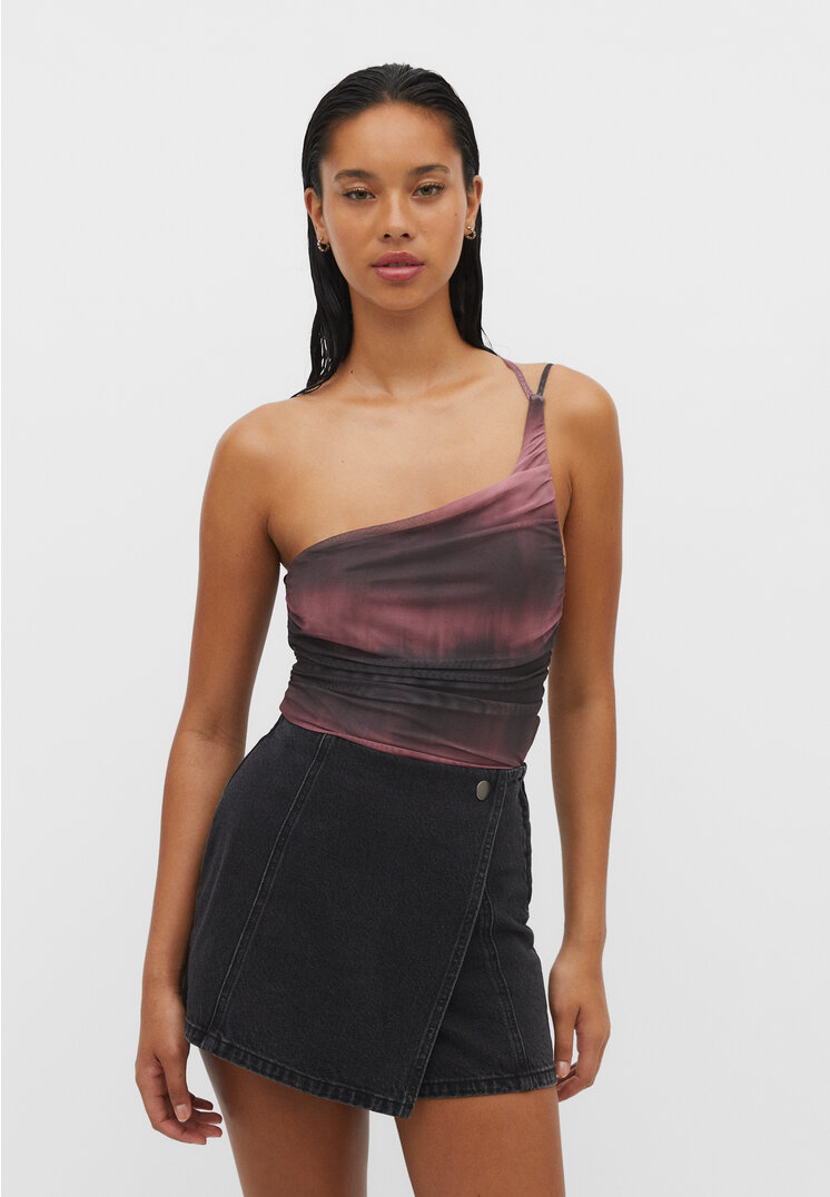 

Stradivarius Asymmetrischer Body aus Tüll mit Print Hellbeige M