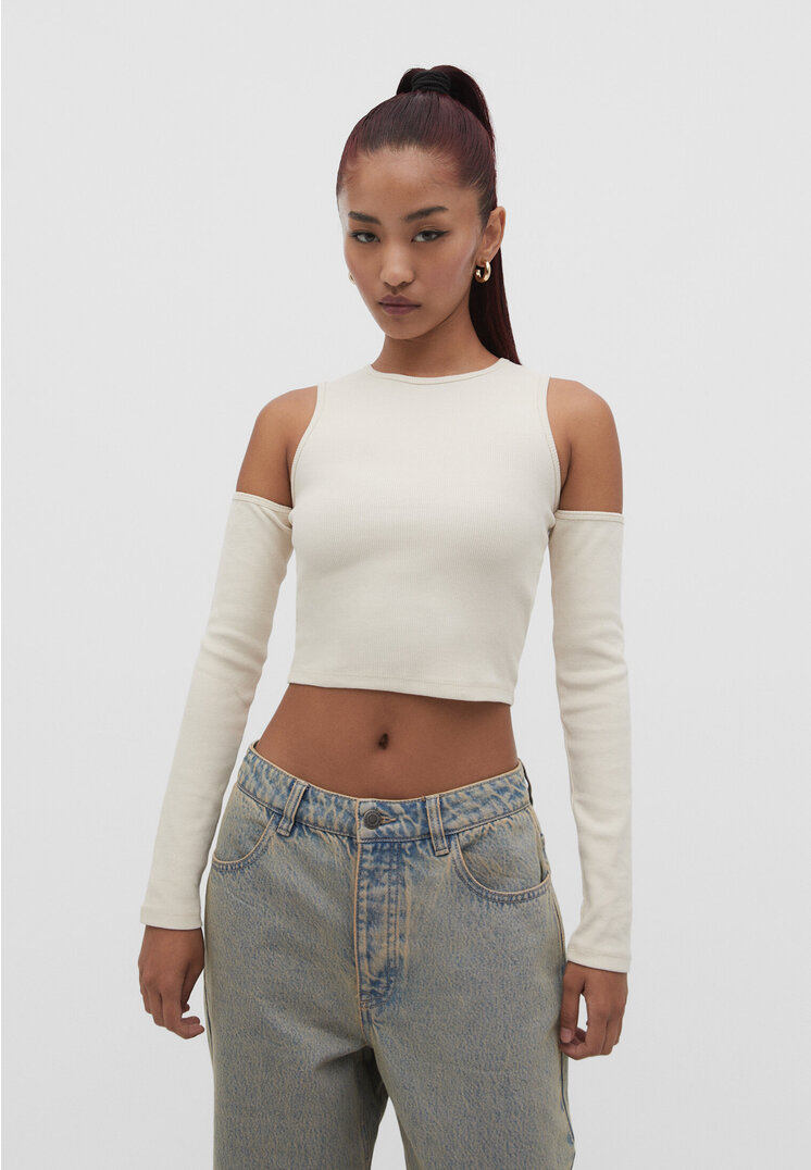 

Stradivarius Schulterfreies Shirt Steingrau L