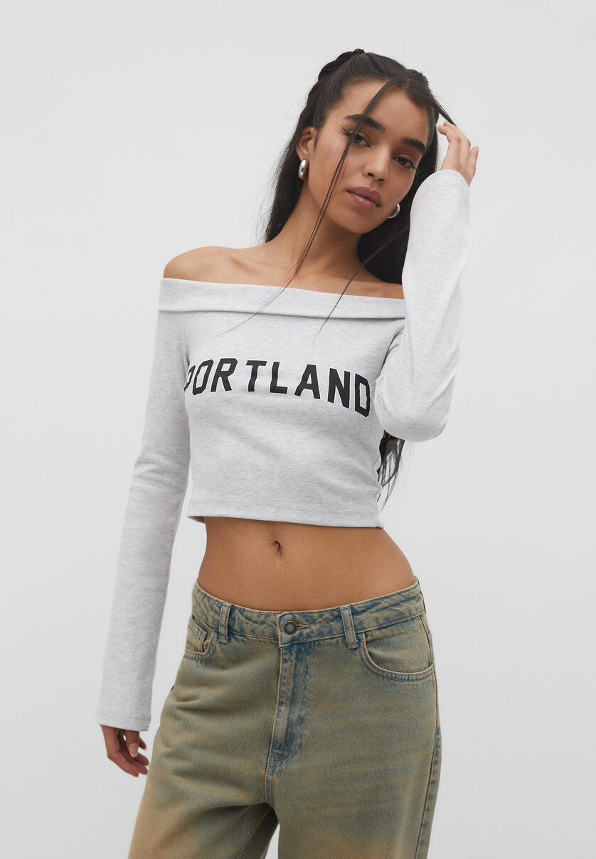 Off-the-shoulder T-shirt with placement print - Women's fashion |  Stradivarius United States