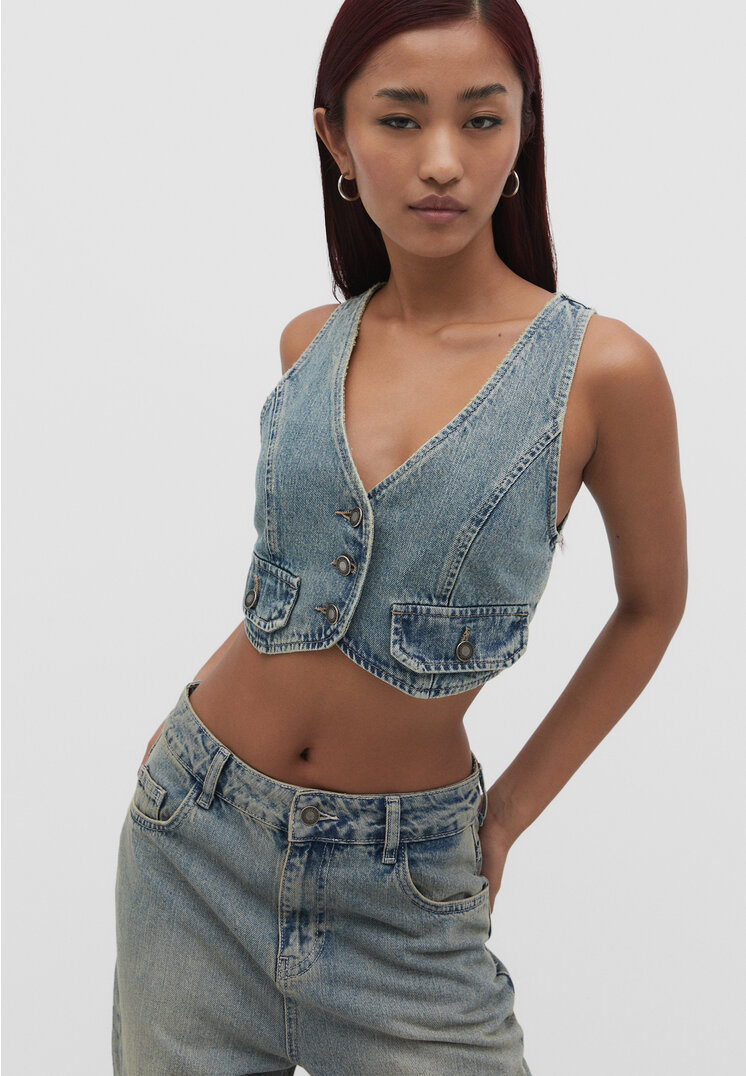 

Stradivarius Jeansweste mit Knöpfen BLACK DENIM DARK XL