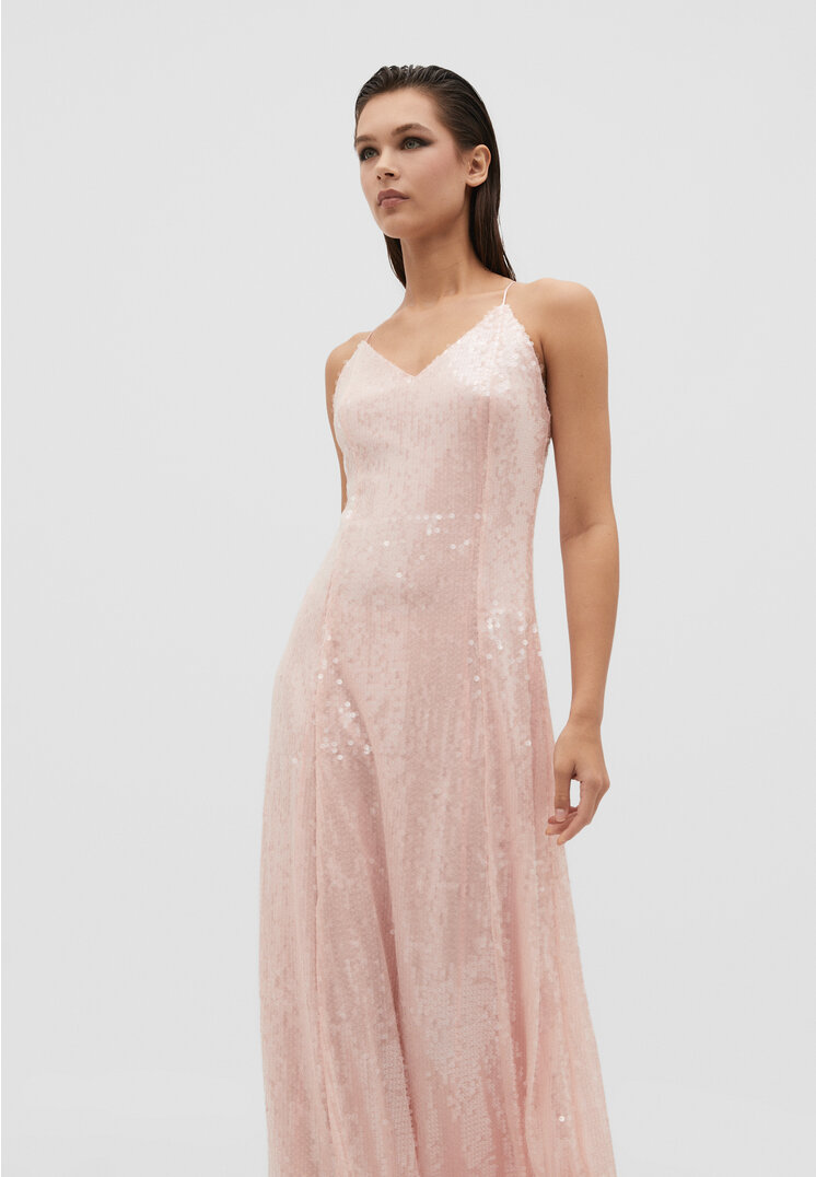 

Stradivarius Langes Kleid mit Trägern und Pailletten Hellbeige L