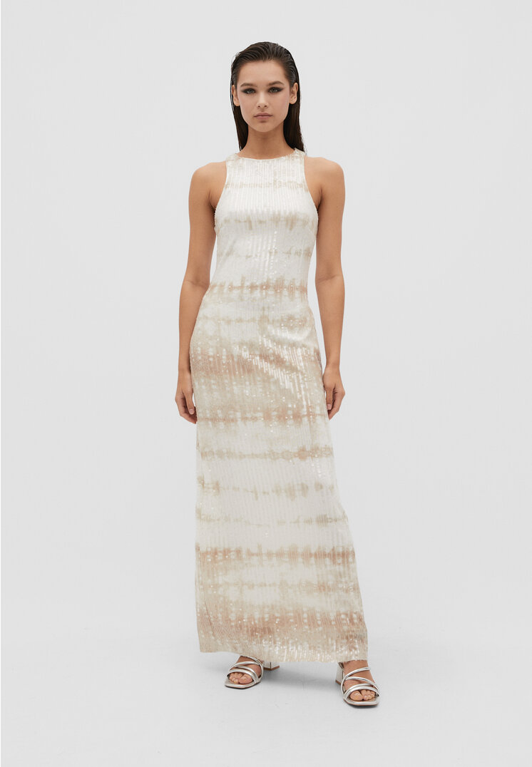 

Stradivarius Langes Neckholder-Kleid mit Pailletten und Print Steingrau S
