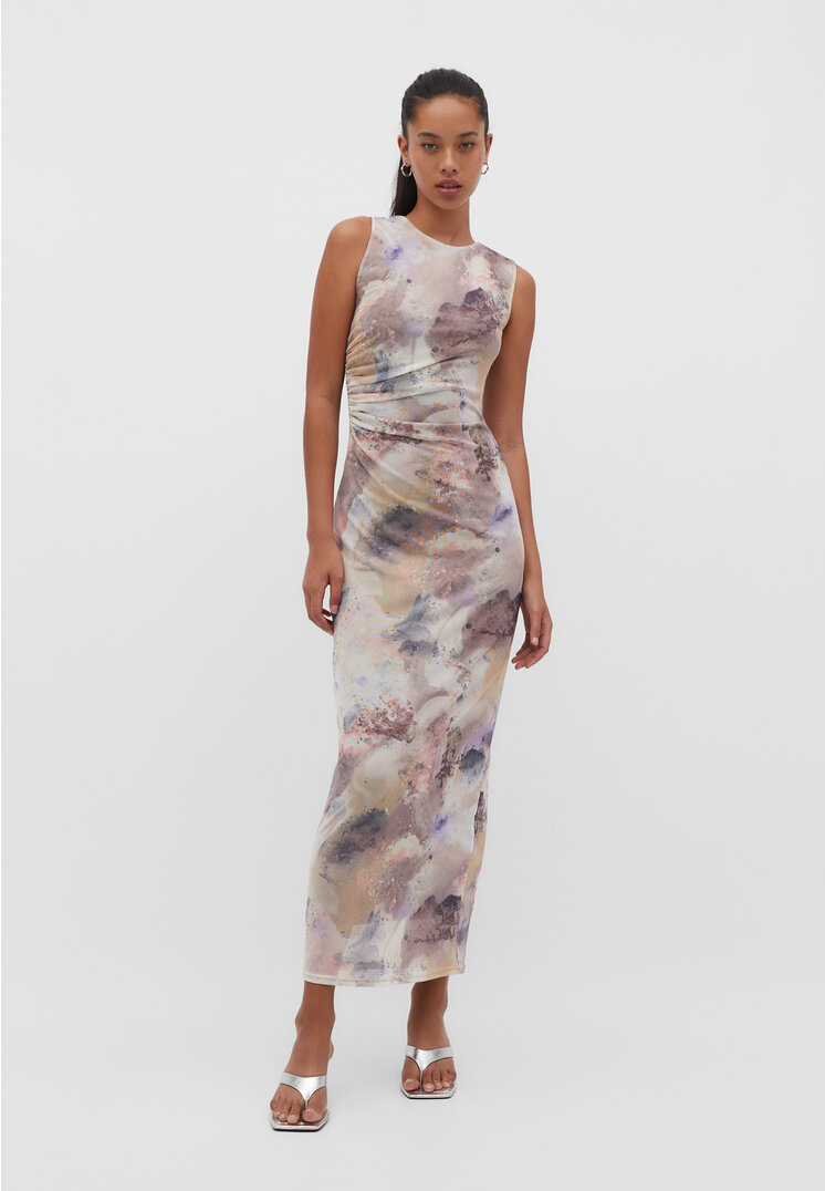 

Stradivarius Langes Tüllkleid mit Print Dunkelgrau L