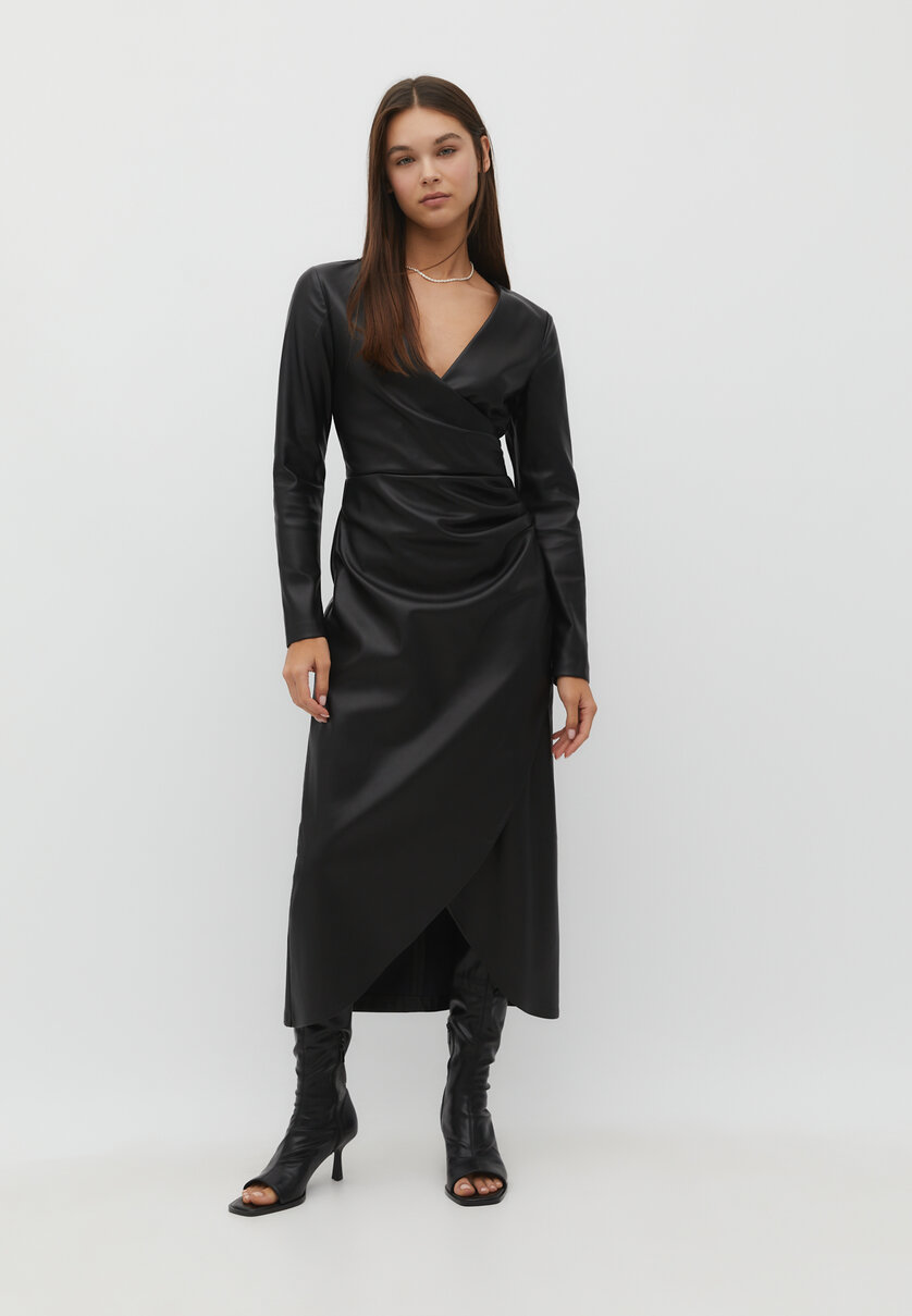 Midi leather effect dress with gathering
