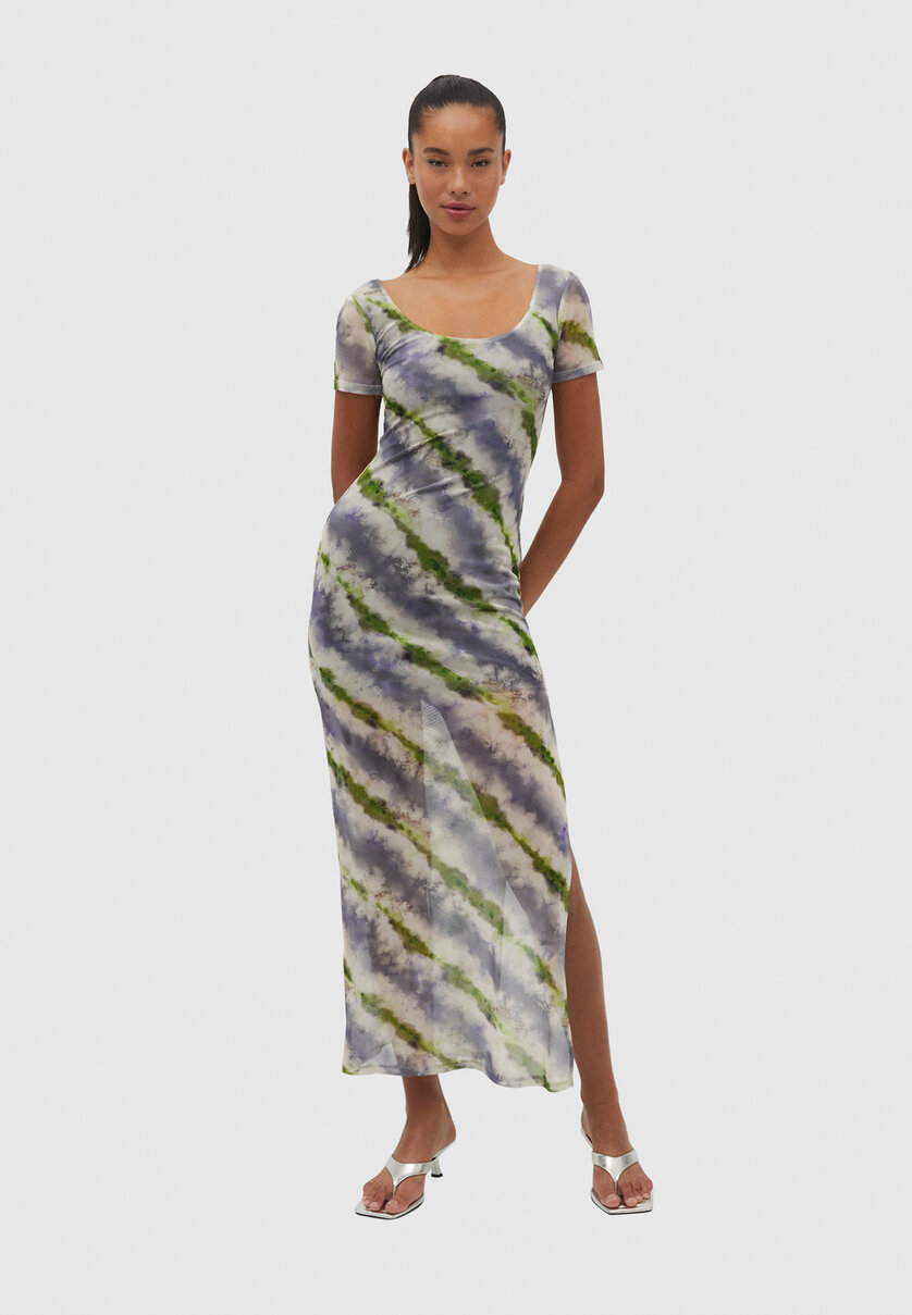 Printed Tulle Midi Dress