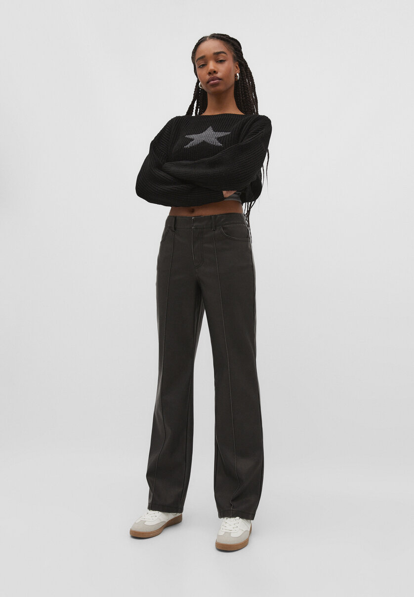 Leather effect straight fit trousers with seam detail