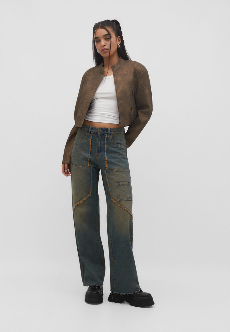 

Stradivarius Jeansy o prostym kroju ze strzępieniami Denimowy średni Dark Blue 38