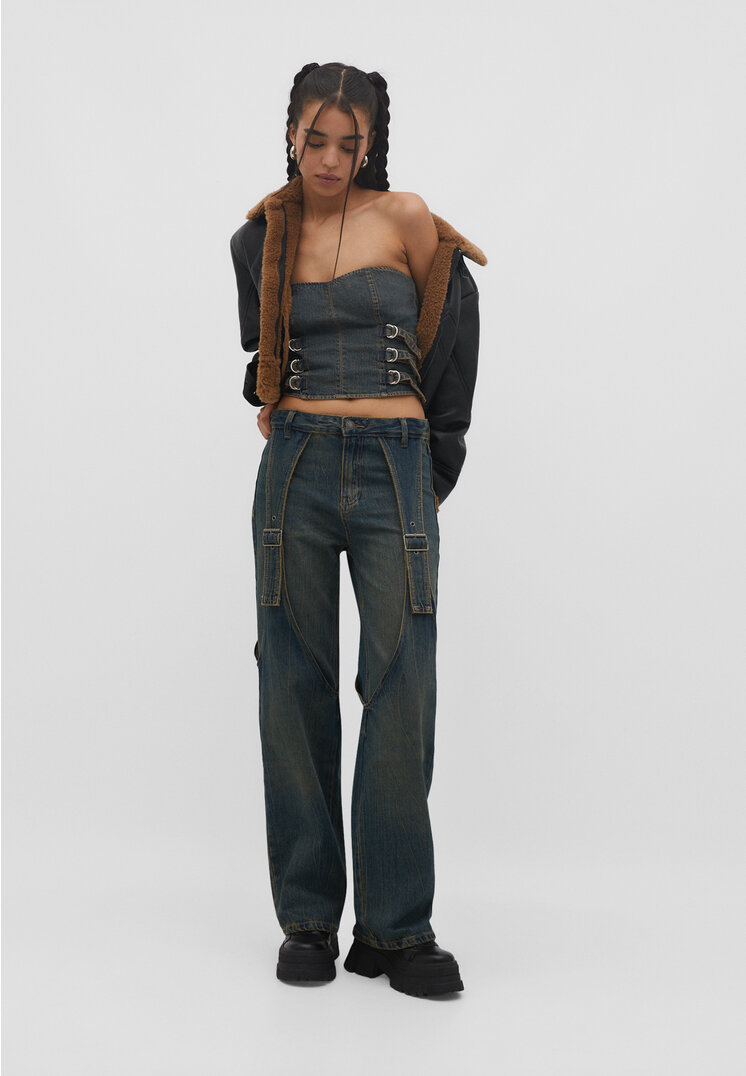 

Stradivarius Straight-Fit-Jeans mit Schnallen Medium dark blue Denim 38