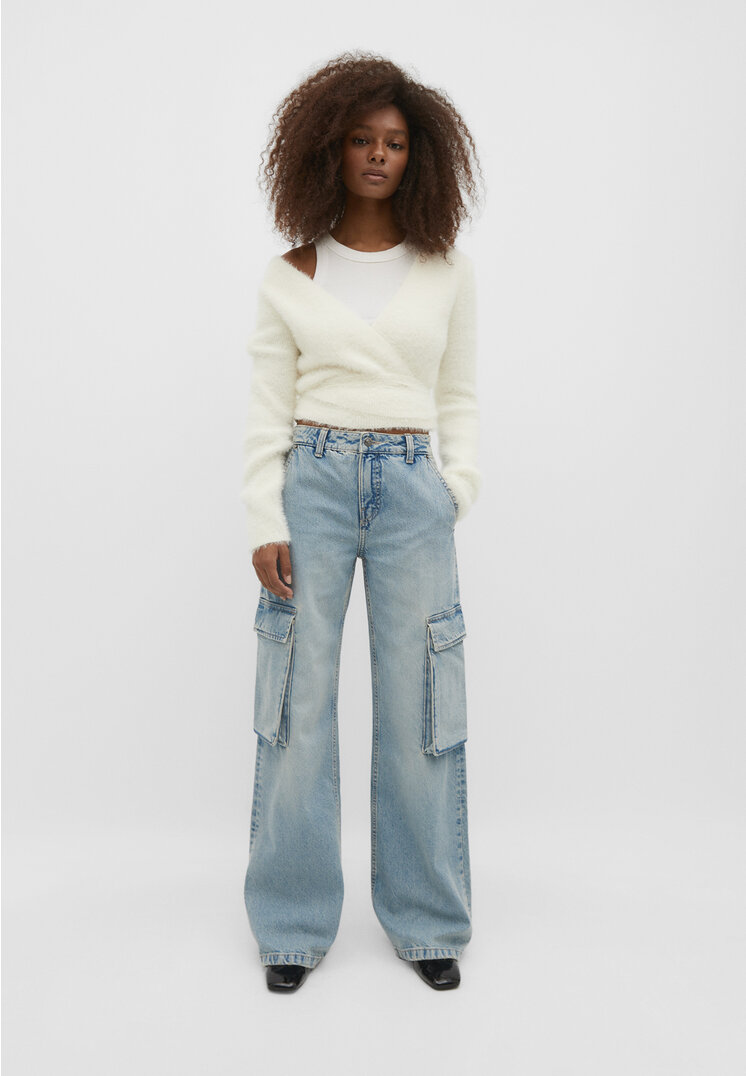 

Stradivarius Jeansy cargo wide leg o prostym kroju Niebieski denim 38