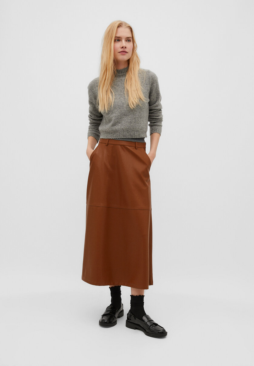 Leather effect layered midi skirt