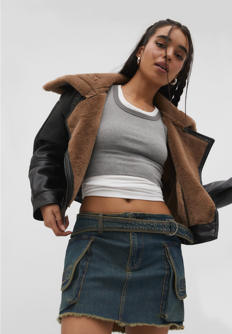 

Stradivarius Denimowa spódnica mini cargo z paskiem Denimowy średni Dark Blue 36