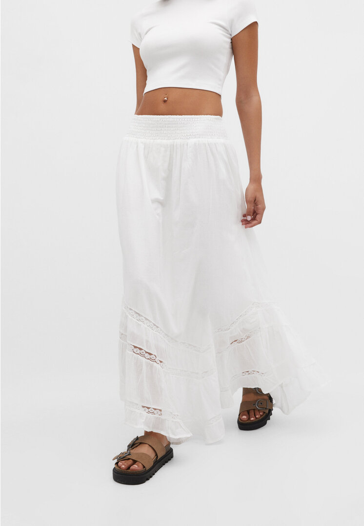 White Cotton Poplin Lace Waistband Maxi Skirt