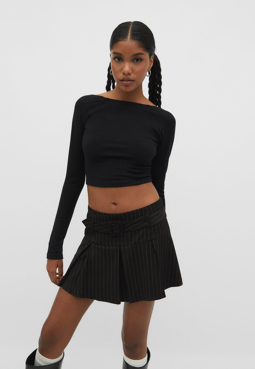 Striped mini skirt with belt