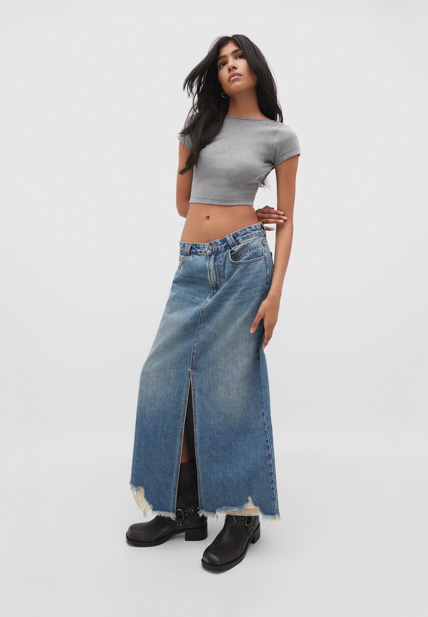 Long denim skirt with front seam - Women's fashion | Stradivarius