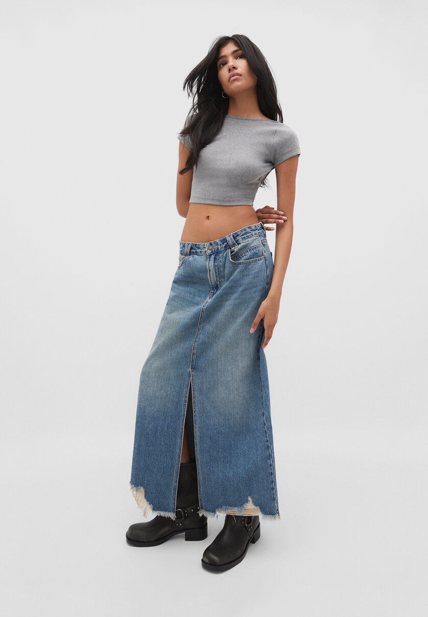 Long denim skirt with front seam