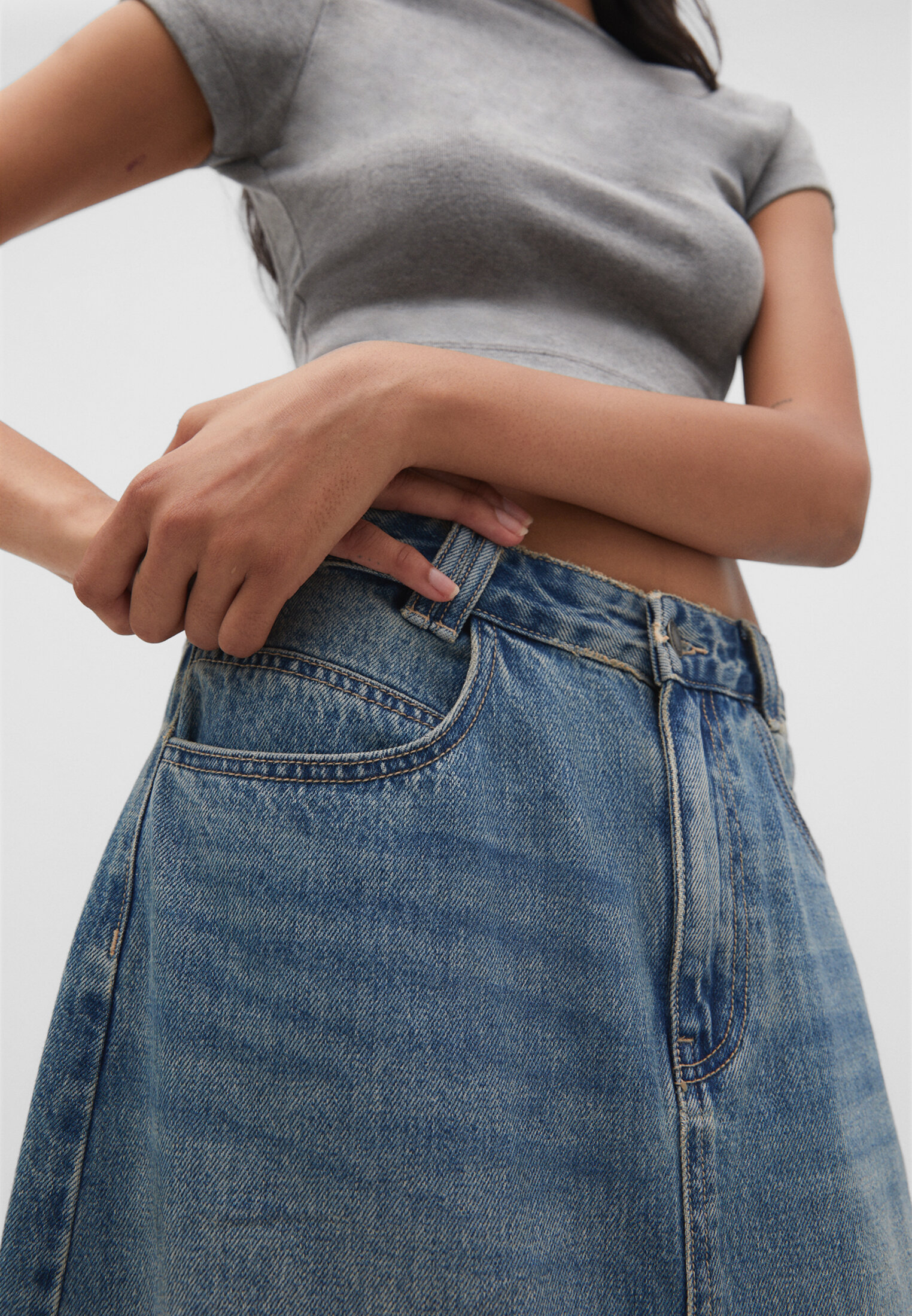 Long denim skirt with front seam