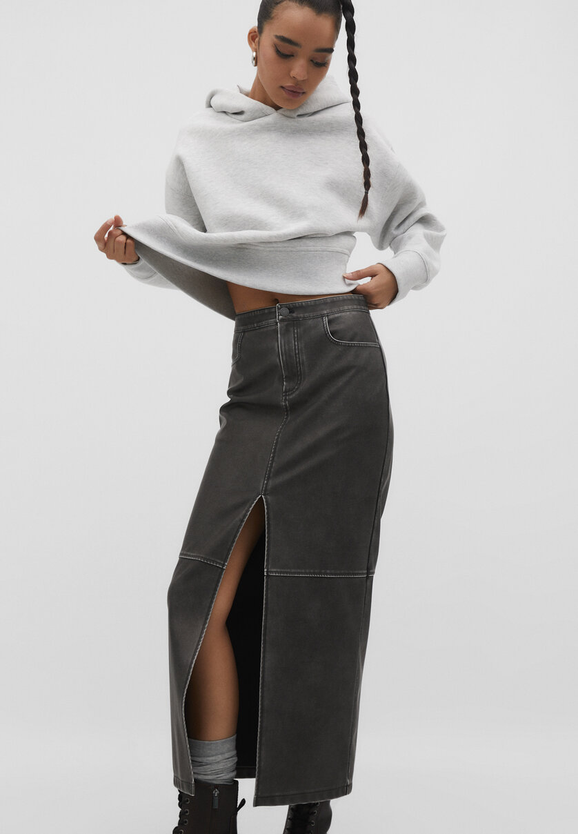Leather effect faded long skirt