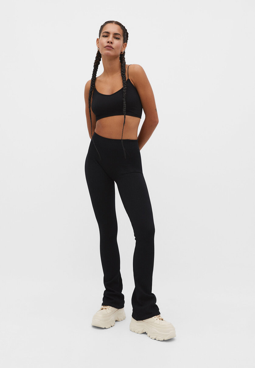 Stradivarius flare legging with fold over waist in black