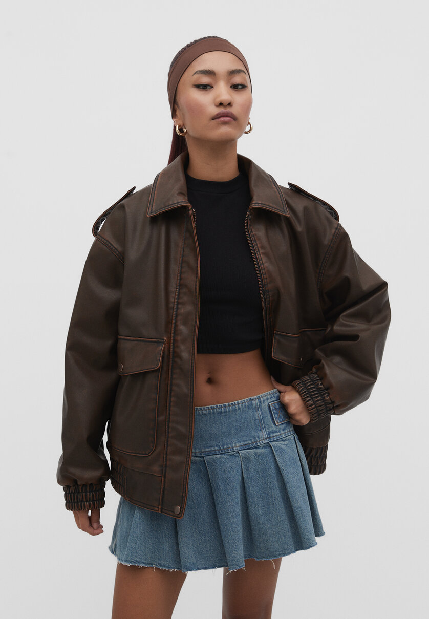 Faded faux leather aviator jacket