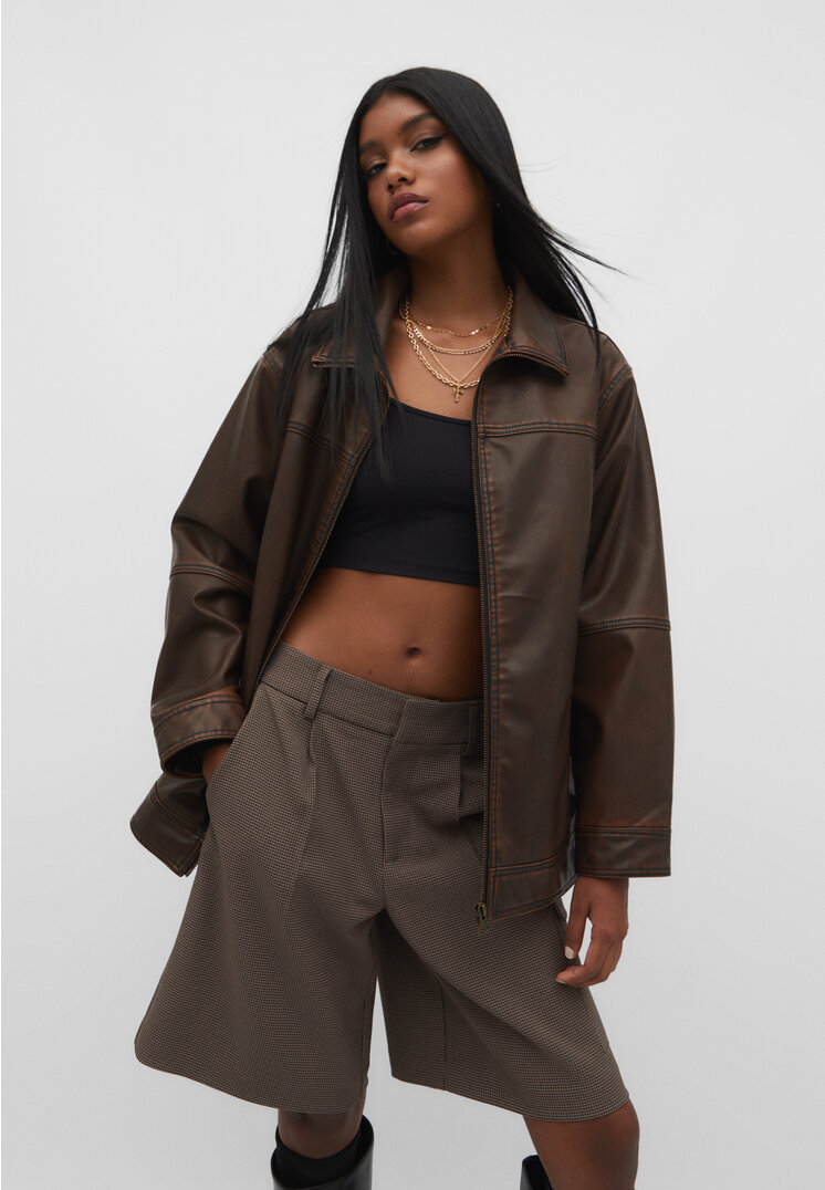 

Stradivarius Kurtka oversize ze sztucznej skóry Brązowy S