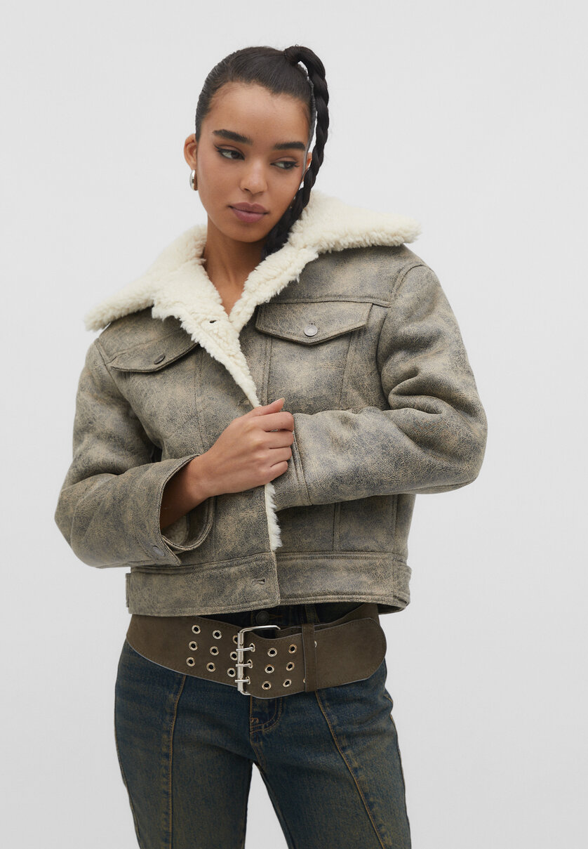 Distressed leather effect double-faced jacket