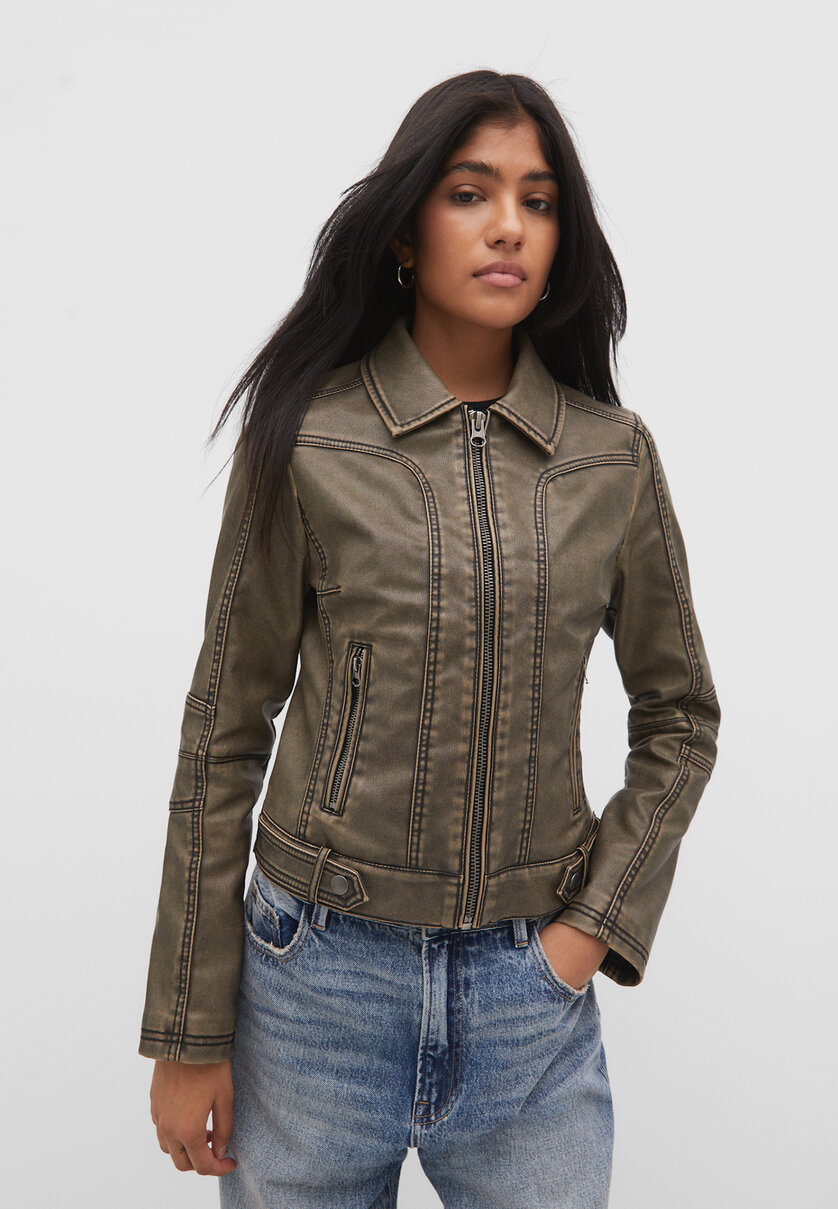 Faded fitted faux leather jacket