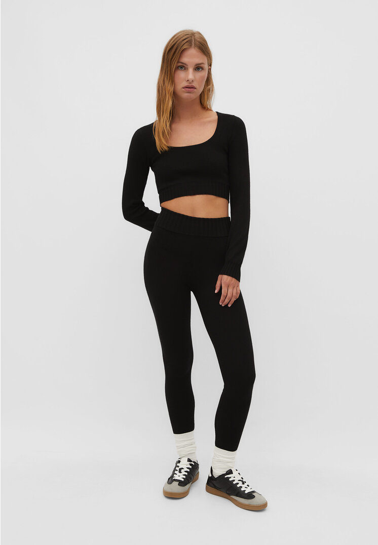Stradivarius Gerippte Leggings Schwarz M