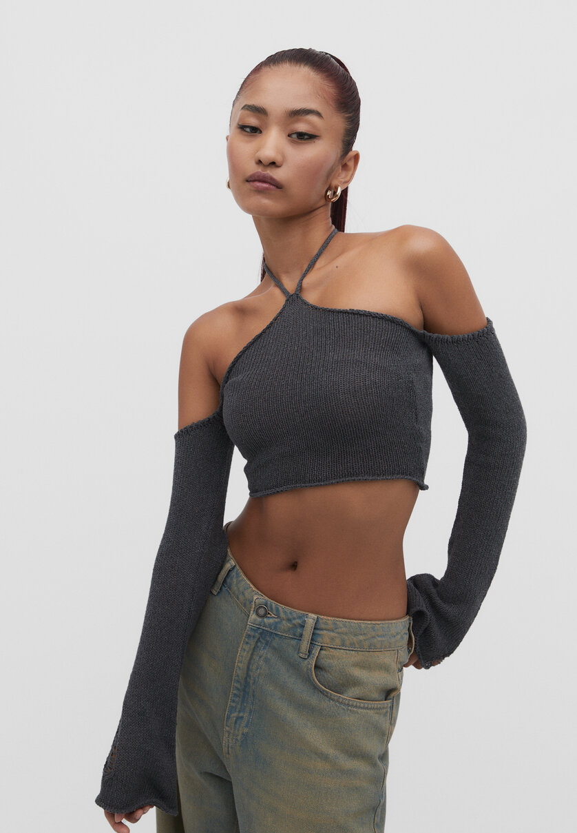 Halter neck sweater with exposed shoulders