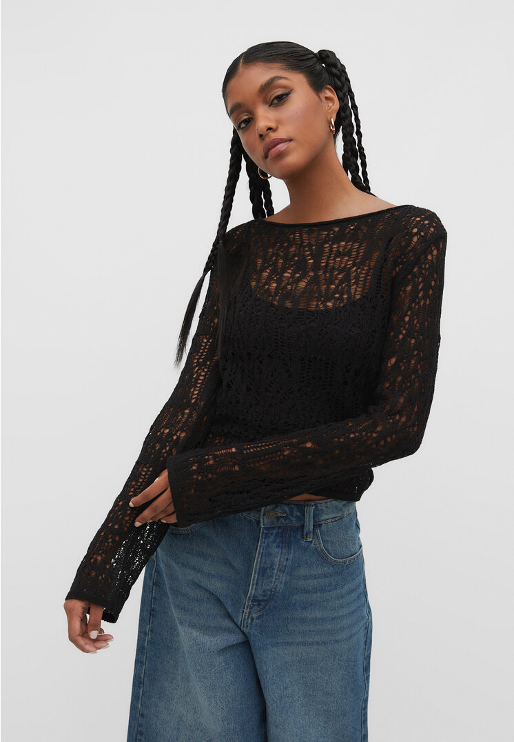 Stradivarius Sweter z ażurowej dzianiny Czarny L