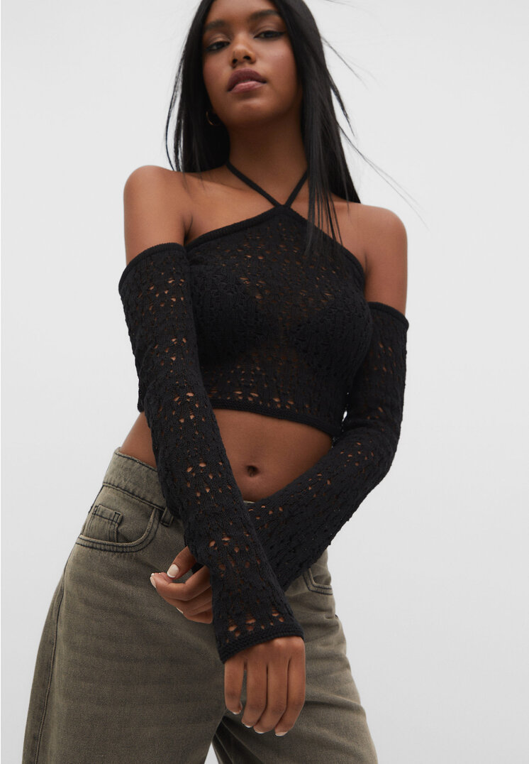 

Stradivarius Pullover mit lockerem Strickmuster und Neckholder Schwarz M