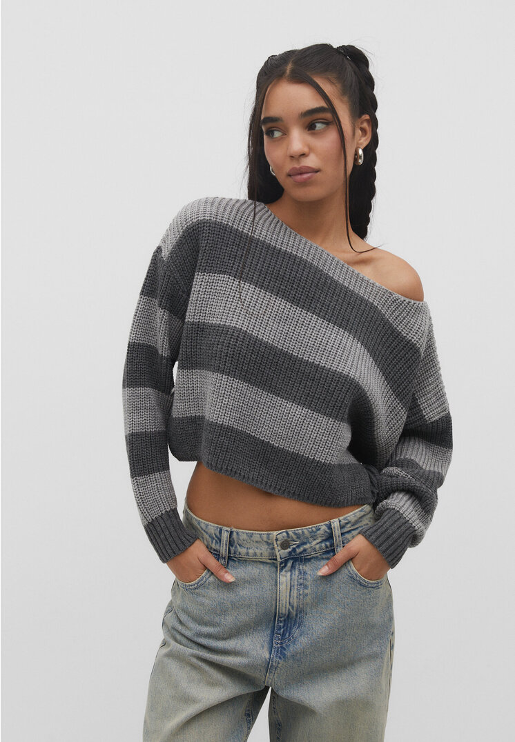 

Stradivarius Dzianinowy sweter w paski Szary S
