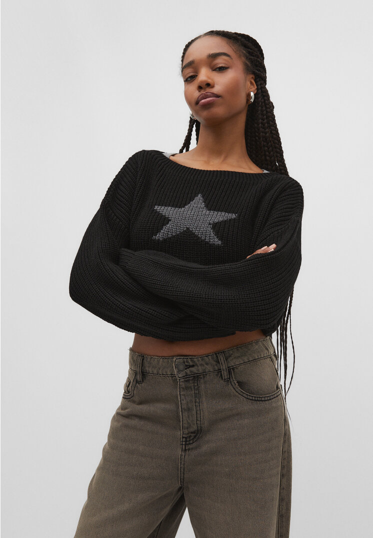 

Stradivarius Sweter z dzianiny z gwiazdką Czarny L