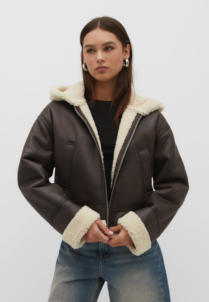 Double-faced aviator jacket with hood