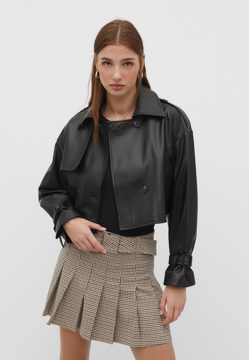 Cropped faux leather trench coat