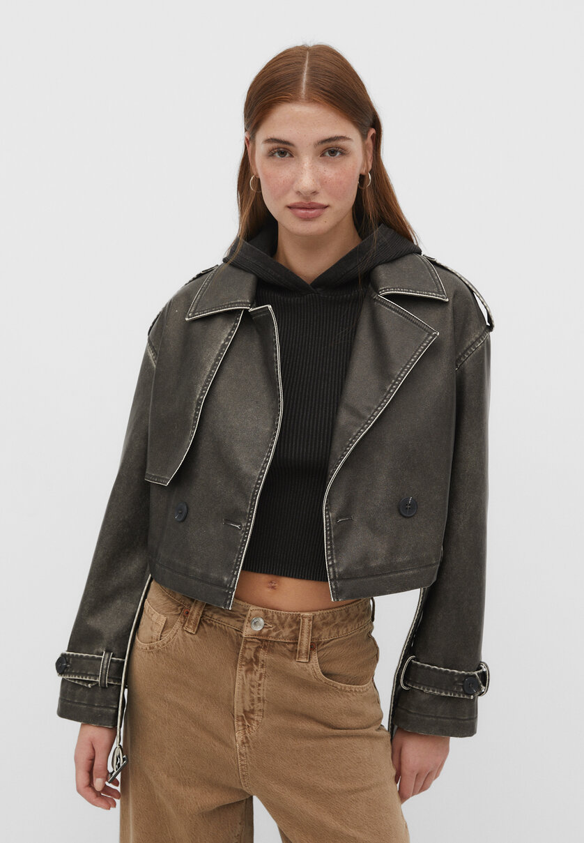 Faded cropped faux leather trench coat