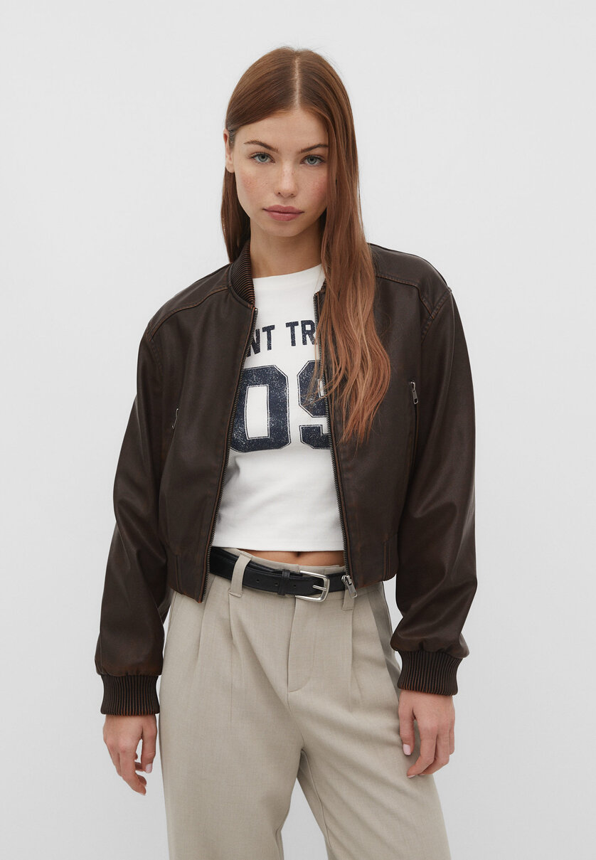 Faded faux leather bomber jacket