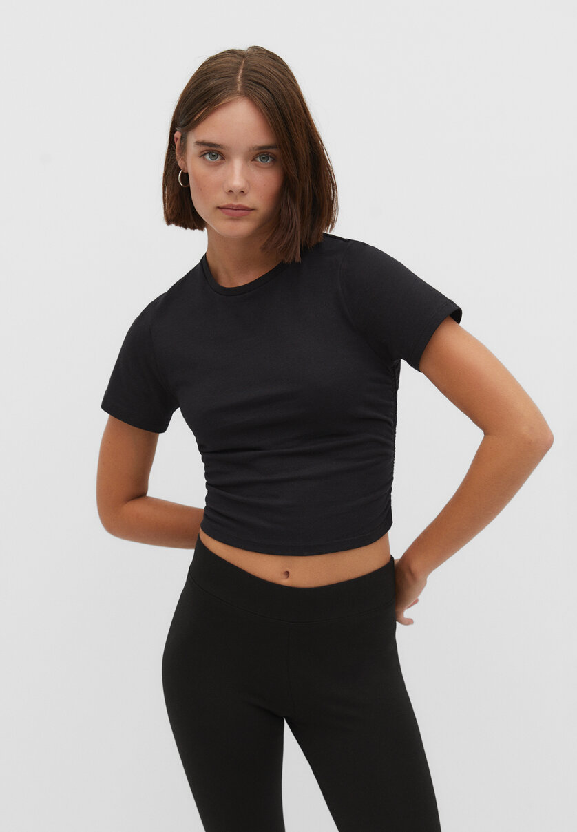 Cotton T-shirt with side gathering