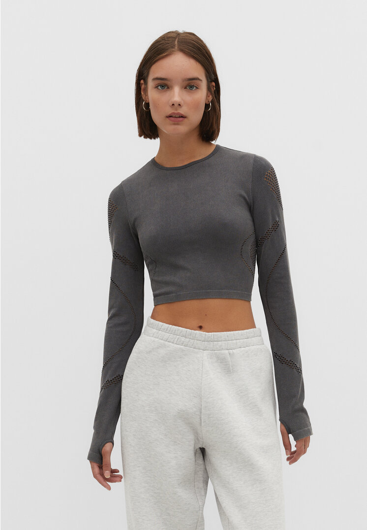 

Stradivarius Nahtloses Shirt im Washed-Look mit Lochmuster Grau L