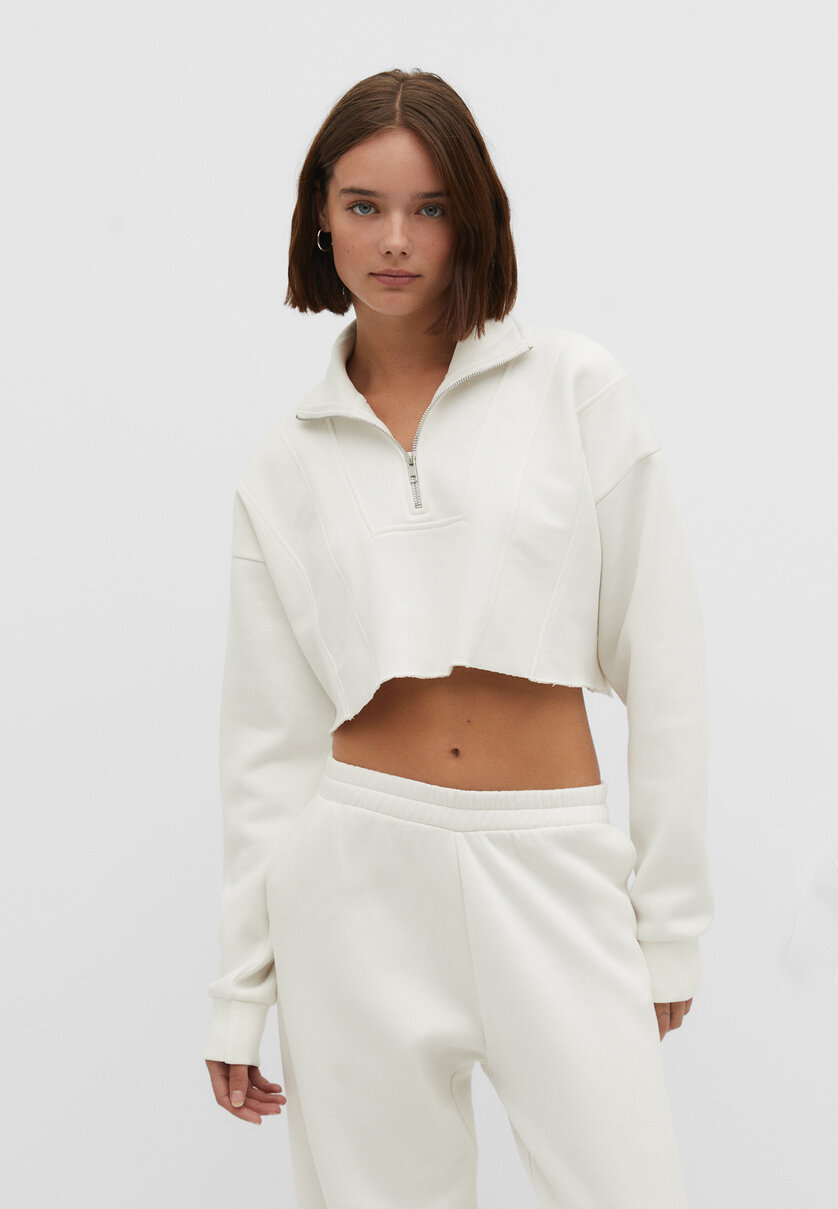 White cropped clearance zip up hoodie