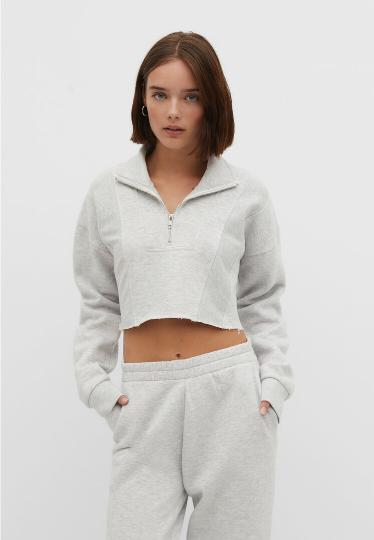 Stradivarius Cropped-Sweatshirt mit Reißverschluss Grau Melange S