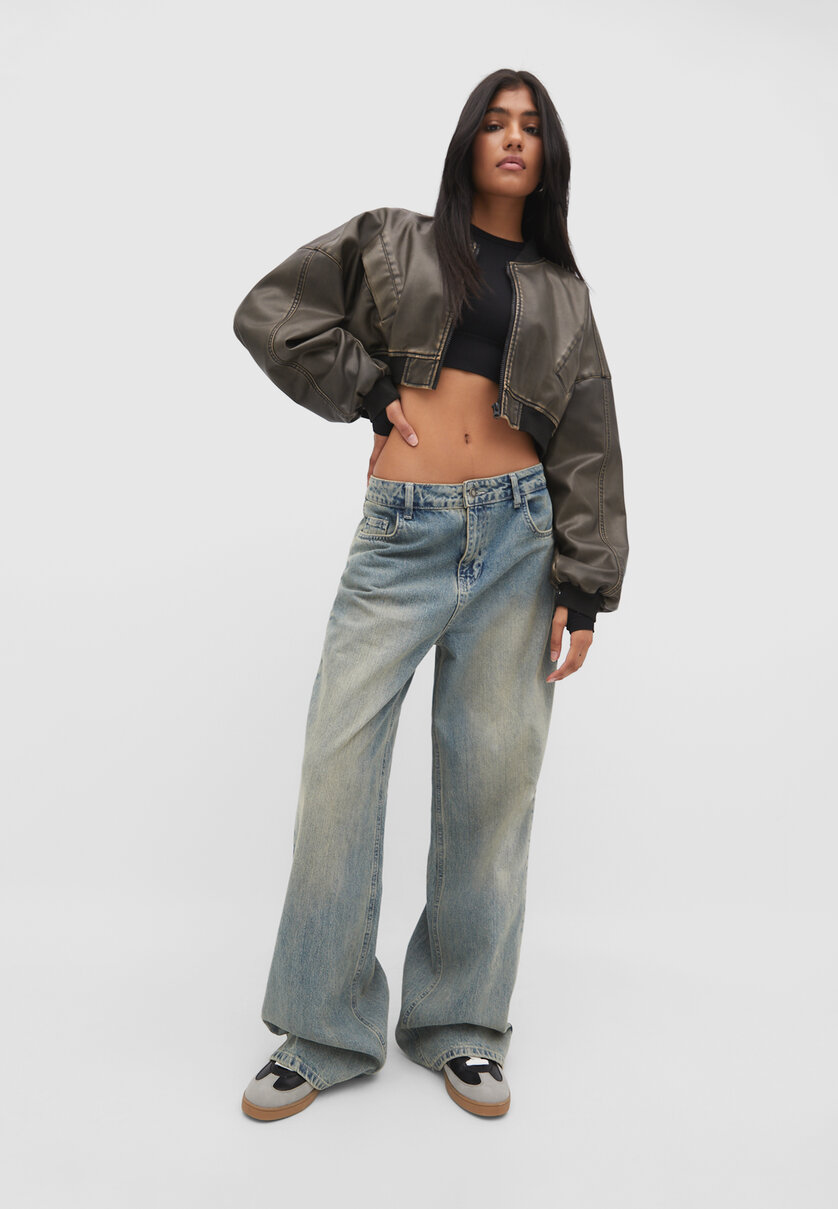 Faded cropped faux leather bomber jacket