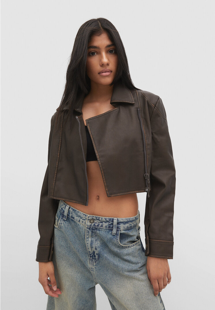 

Stradivarius Cropped-Kunstlederjacke im Bikerlook Braun XS