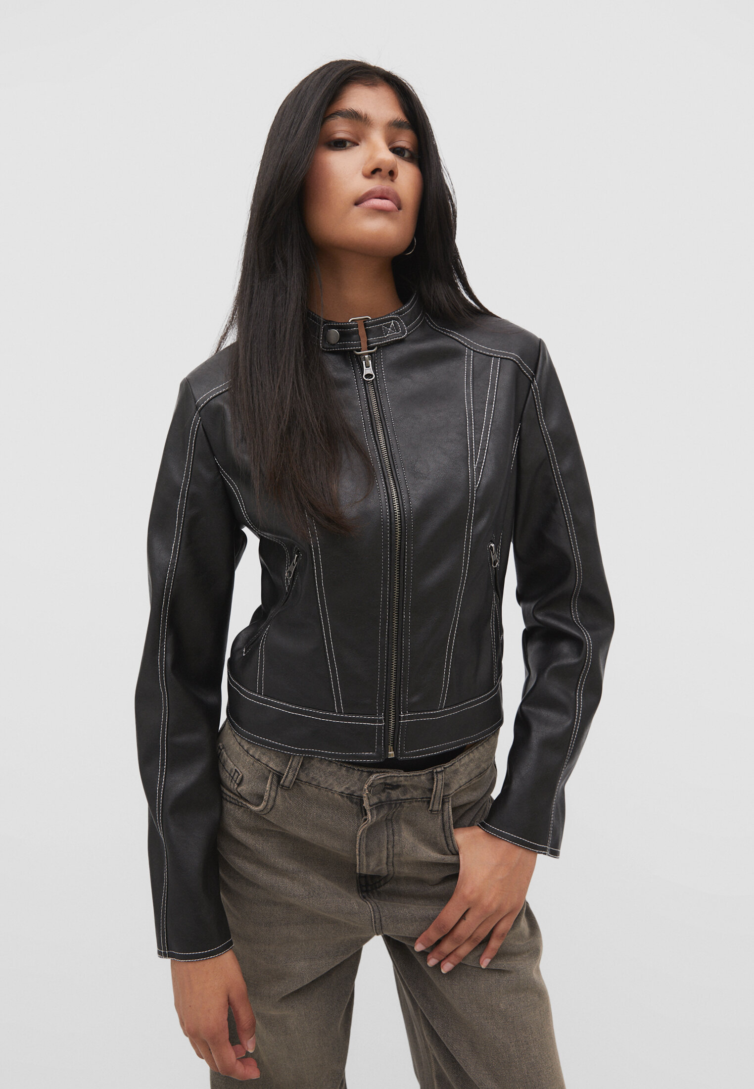 Faux leather jacket with contrast topstitching