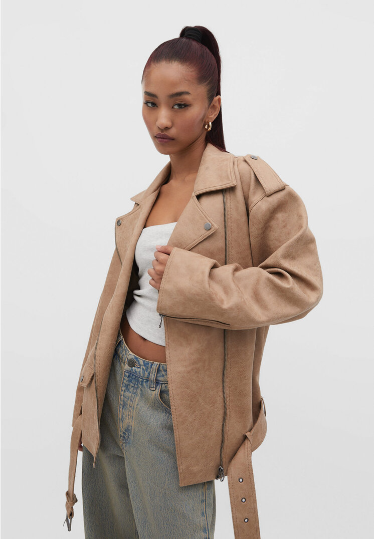 

Stradivarius Kurtka oversize w stylu biker ze sztucznego zamszu Karmelowy M