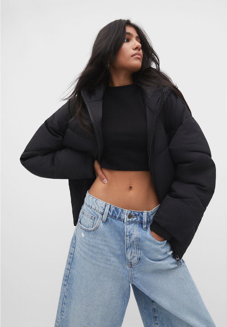 

Stradivarius Oversize-Steppjacke mit Kapuze Schwarz XL