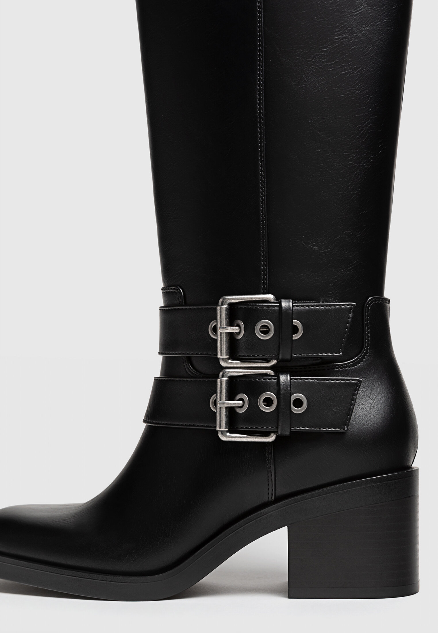 Black heeled biker boots with buckles Women s fashion