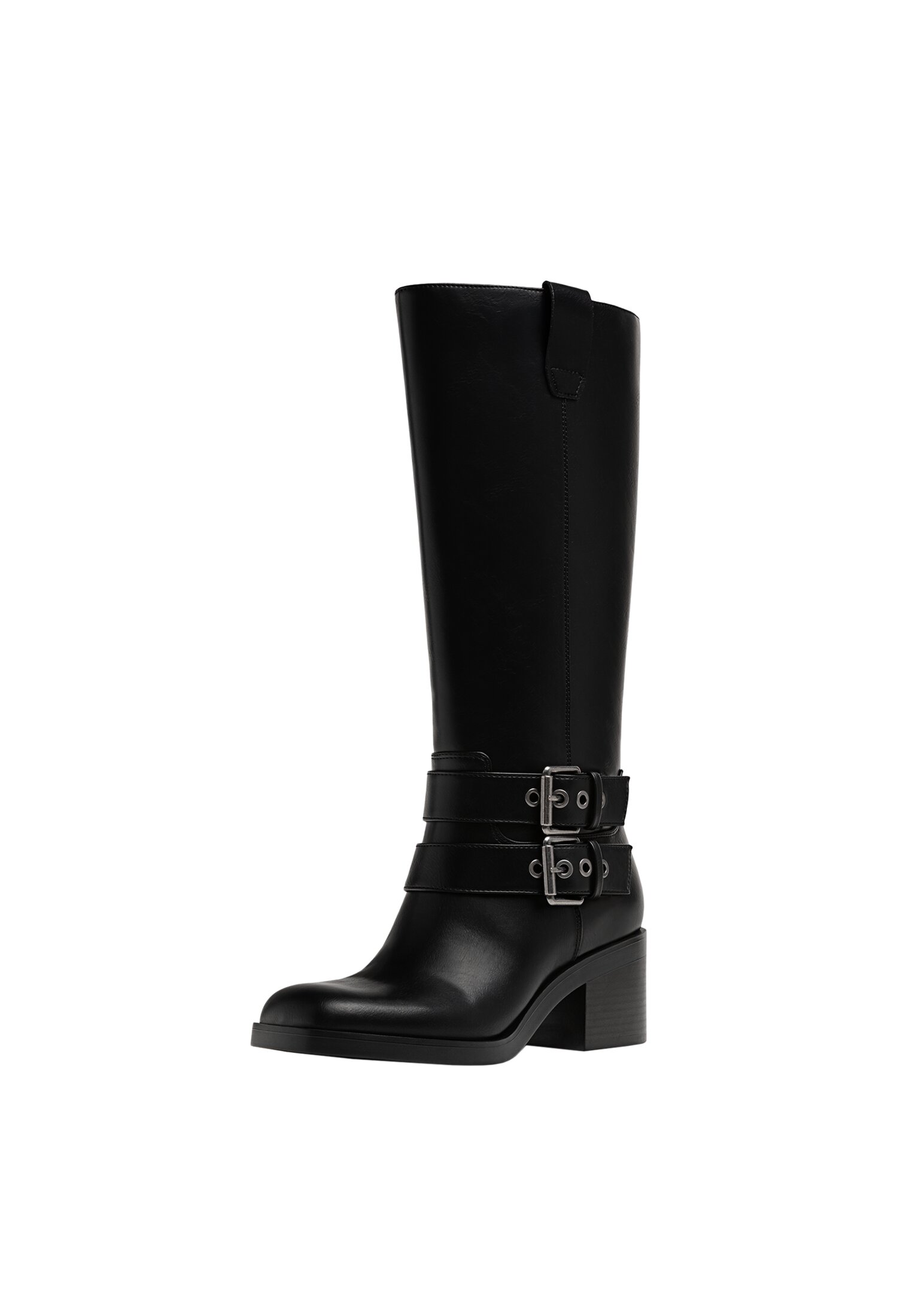 Black heeled biker boots with buckles Women s fashion